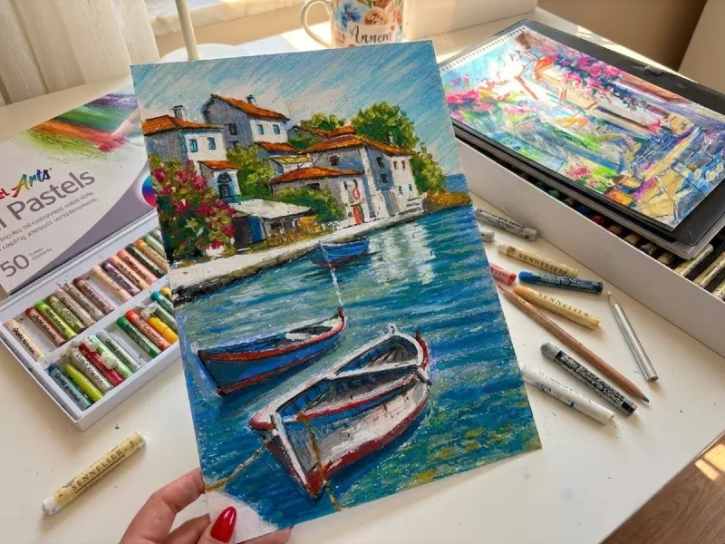 Yağlı Pastel ile Su Yansımaları: Akdeniz Kayıkları